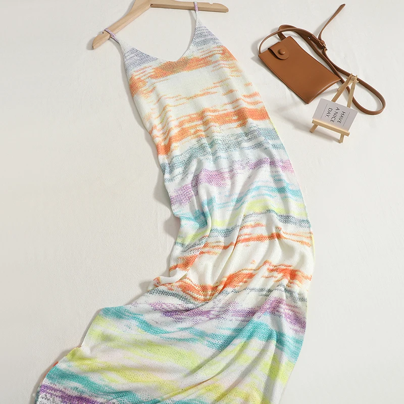 Knitted Rainbow Striped Casual Dress 2022 Summer New Thin Sling V Neck Dresses Women's A-line Slim Bag Hip Long Beach Dress
Knitted Rainbow Striped Casual Dress 2022 Summer New Thin Sling V Neck Dresses Women's A-line Slim Bag Hip Long Beach Dress