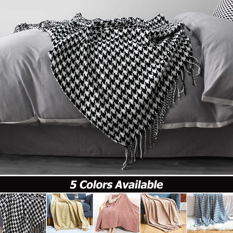 

Houndstooth Fringed Sofa Blanket Cover Wool Small Air Conditioning Woven Bedside Tablecloths Decorative Bed Napping Blanket