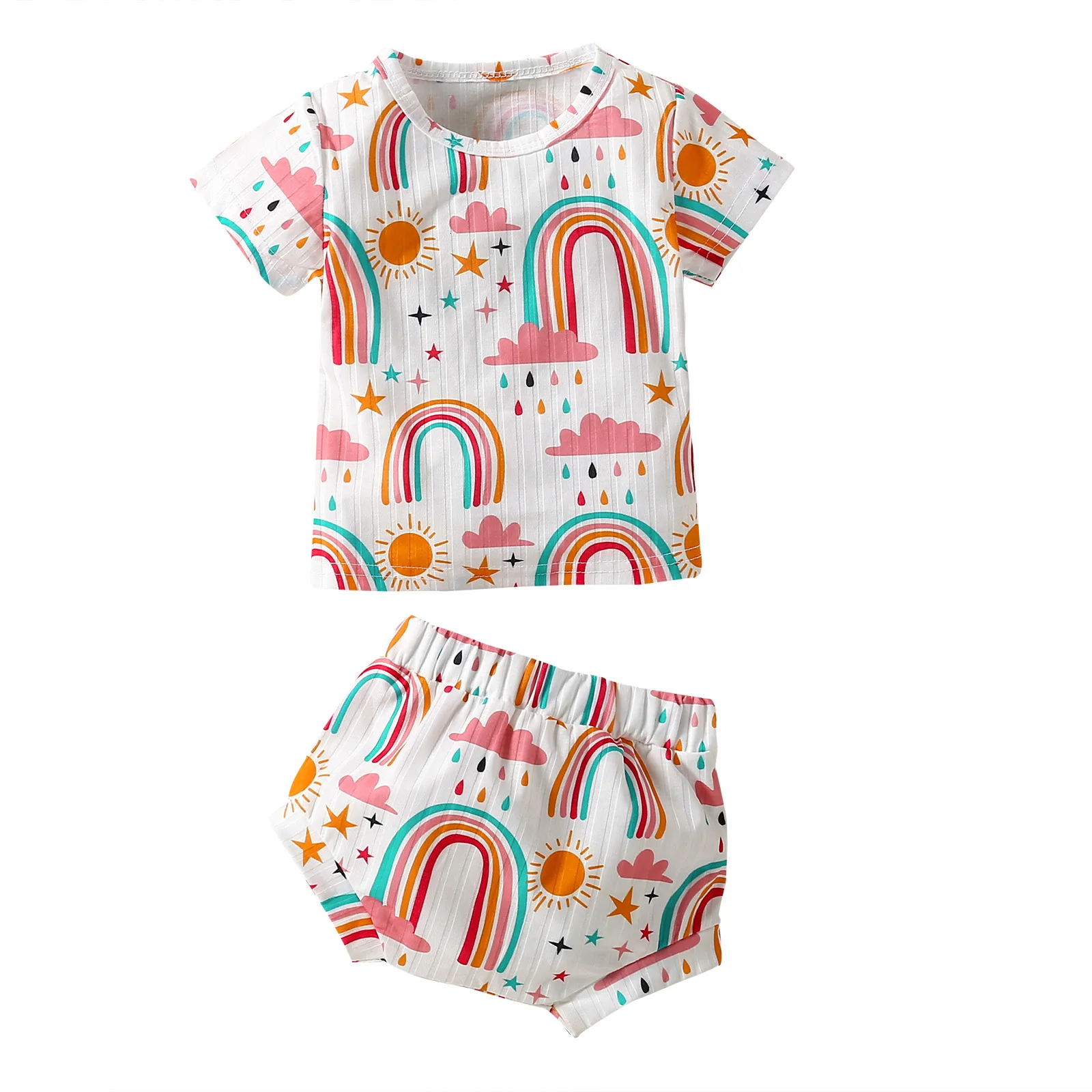 Baby Girl Summer Shorts Suit Cartoon Rainbow Printed Short Sleeves Round Neck Ribbed Tops Elastic Waist Shorts
Baby Girl Summer Shorts Suit Cartoon Rainbow Printed Short Sleeves Round Neck Ribbed Tops Elastic Waist Shorts