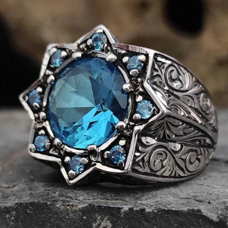 Sea Blue Gemstone Eight Star Men's Ring Personality Vintage Engraving Pattern Punk Ring Turkish Diamond Jewelry Fashion Jewelry
Sea Blue Gemstone Eight Star Men's Ring Personality Vintage Engraving Pattern Punk Ring Turkish Diamond Jewelry Fashion Jewelry