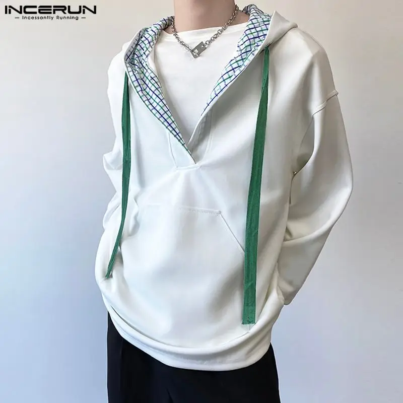 

Толстовка INCERUN мужская с капюшоном, свободная повседневная кофта в клетку, с длинным рукавом и V-образным вырезом, в стиле пэчворк, уличная одежда, корейский пуловер, осень 2023