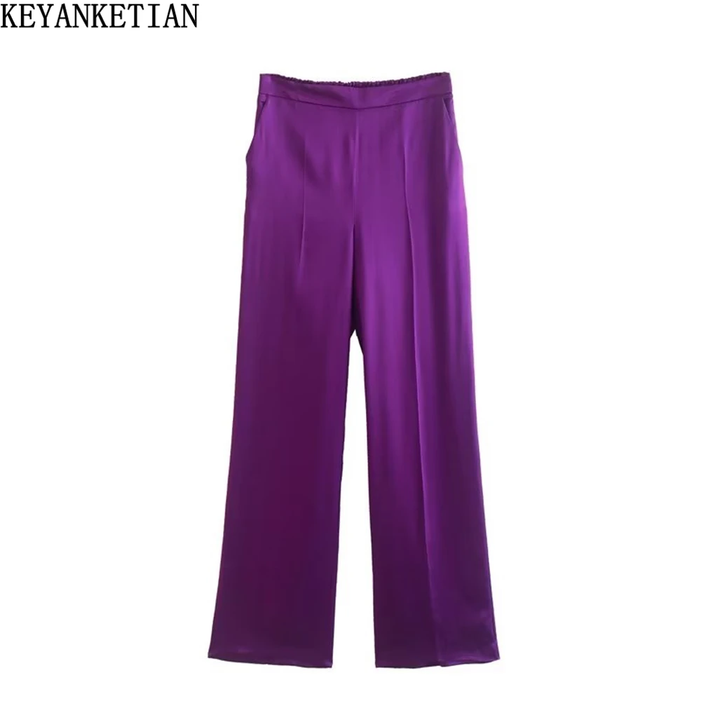 

KEYANKETIAN women's satin straight leg pants new fall elastic stretch high waisted purple hanging wide leg commuter pants