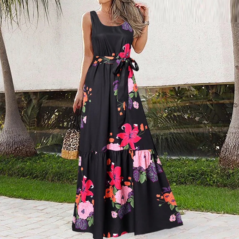 Women's new temperament fashion printing suspenders elegant lace-up dress summer beach floral dress
Women's new temperament fashion printing suspenders elegant lace-up dress summer beach floral dress