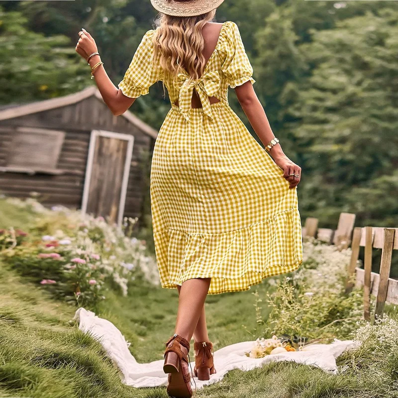 Women's plaid dress for Summer Women Dress 2023 New Sexy Slash Neck Backless Lace up Folds Short Puff Sleeve Midi A-line Dress
Women's plaid dress for Summer Women Dress 2023 New Sexy Slash Neck Backless Lace up Folds Short Puff Sleeve Midi A-line Dress