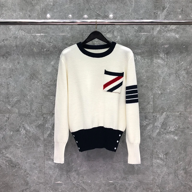 

TB THOM Sweater Winter Fashion Brand Sweater Male White Wool Hector Diagonal Stripe 4-Bar Crewncek Pullover Kawaii Men's Coat