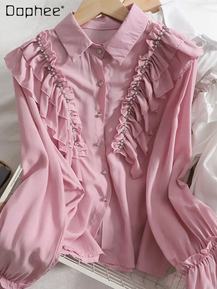 Elegant Beaded Ruffled Blouses Women's Pure Color All-Matching Breasted Top 2033 Spring New Korean Style Slimming Inner Shirts
Elegant Beaded Ruffled Blouses Women's Pure Color All-Matching Breasted Top 2033 Spring New Korean Style Slimming Inner Shirts