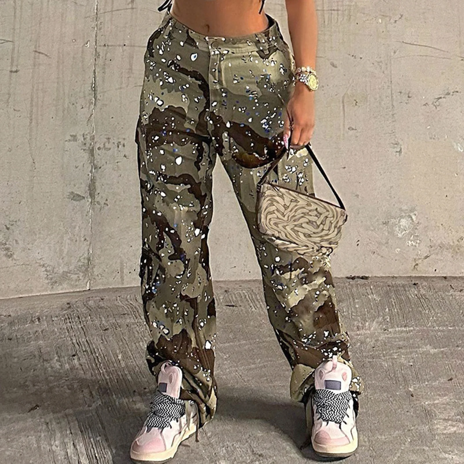 

Polka-Dot Printed Sports Camo Trousers Contrast Color Loose Trousers Casual Fashion European Style Drawstring for Outdoor Travel