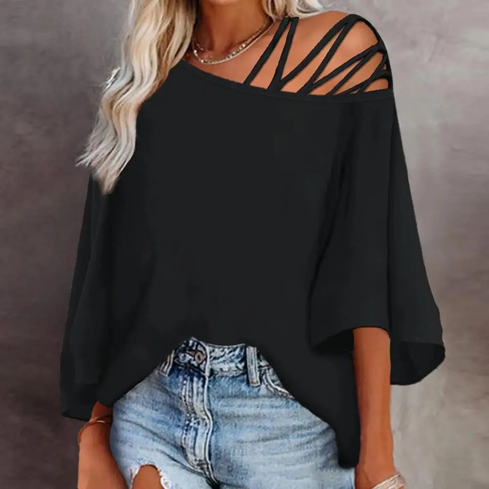 Sexy Women Top Hollow Out One Shoulder Oblique Neck Solid Color Letter Print Loose Three Quarter Sleeve Breathable Lady T-shirt
Sexy Women Top Hollow Out One Shoulder Oblique Neck Solid Color Letter Print Loose Three Quarter Sleeve Breathable Lady T-shirt