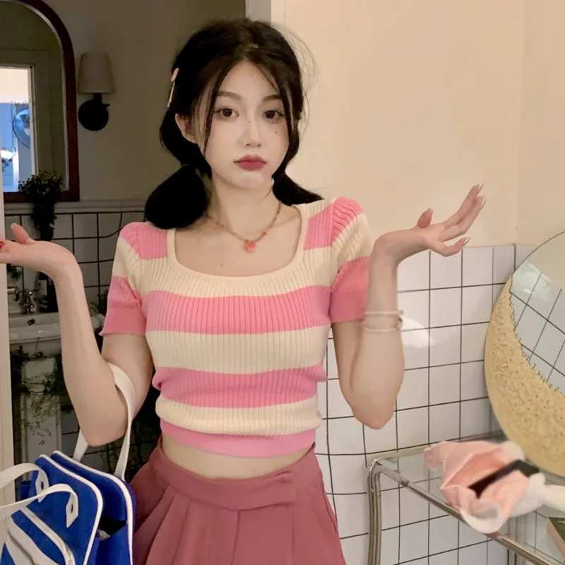 Summer Korean Version Knitted Base T-shirt Short Sleeve Slim Fit Stripe Casual Women's Crop Top
Summer Korean Version Knitted Base T-shirt Short Sleeve Slim Fit Stripe Casual Women's Crop Top