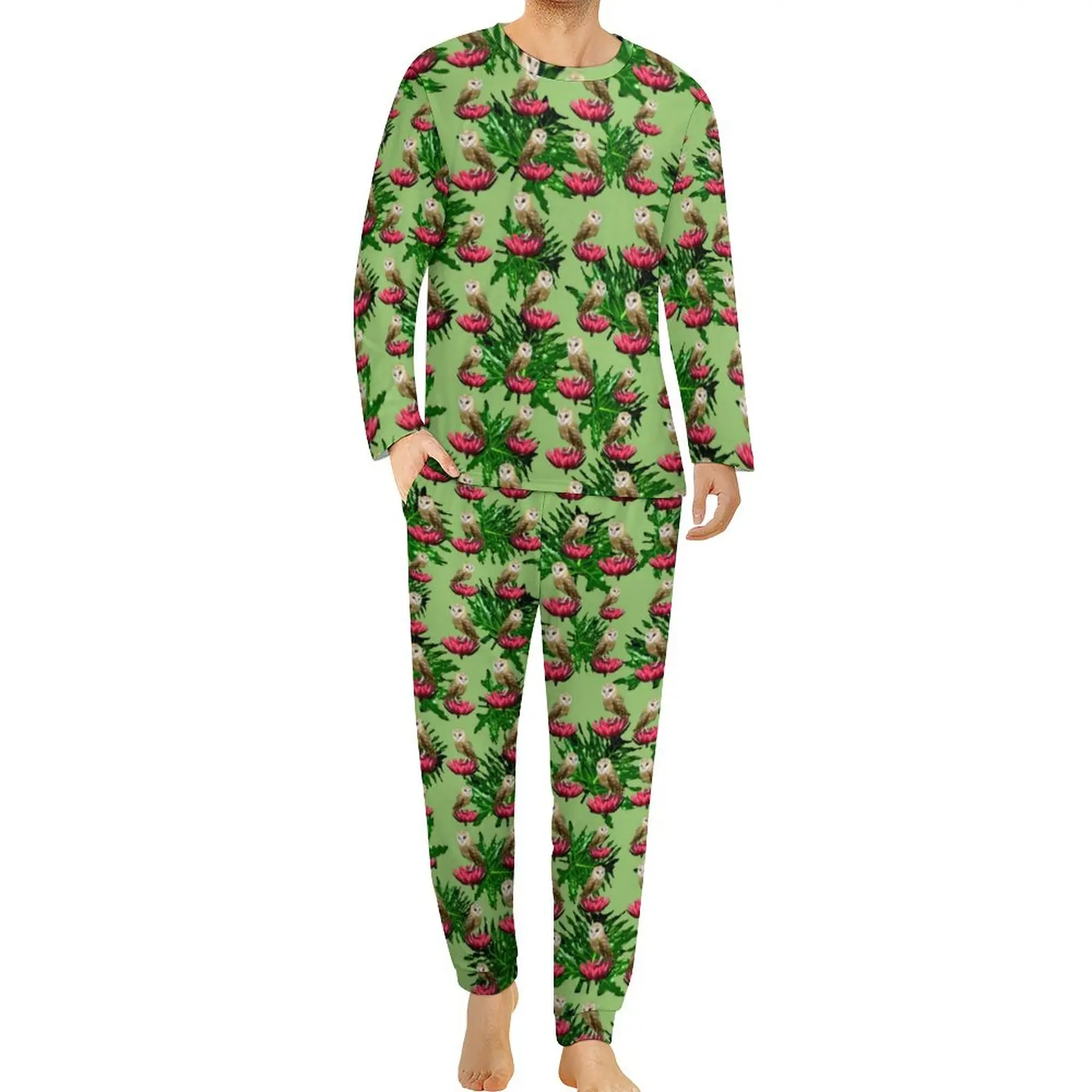 

Barn Owl Pajamas Long Sleeve Leaves And Pink Flowers 2 Piece Casual Pajama Sets Daily Male Custom Cute Oversized Nightwear