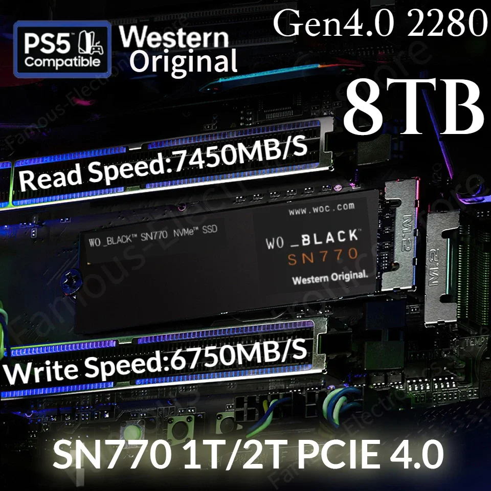 Western Original WO Black SN770 500GB 1TB 2TB 4TBNVMe M.2 SSD PCIe 4.0 Gen4 2280 for PS5 Gaming Laptop Computer Mini PC Notebook
Western Original WO Black SN770 500GB 1TB 2TB 4TBNVMe M.2 SSD PCIe 4.0 Gen4 2280 for PS5 Gaming Laptop Computer Mini PC Notebook