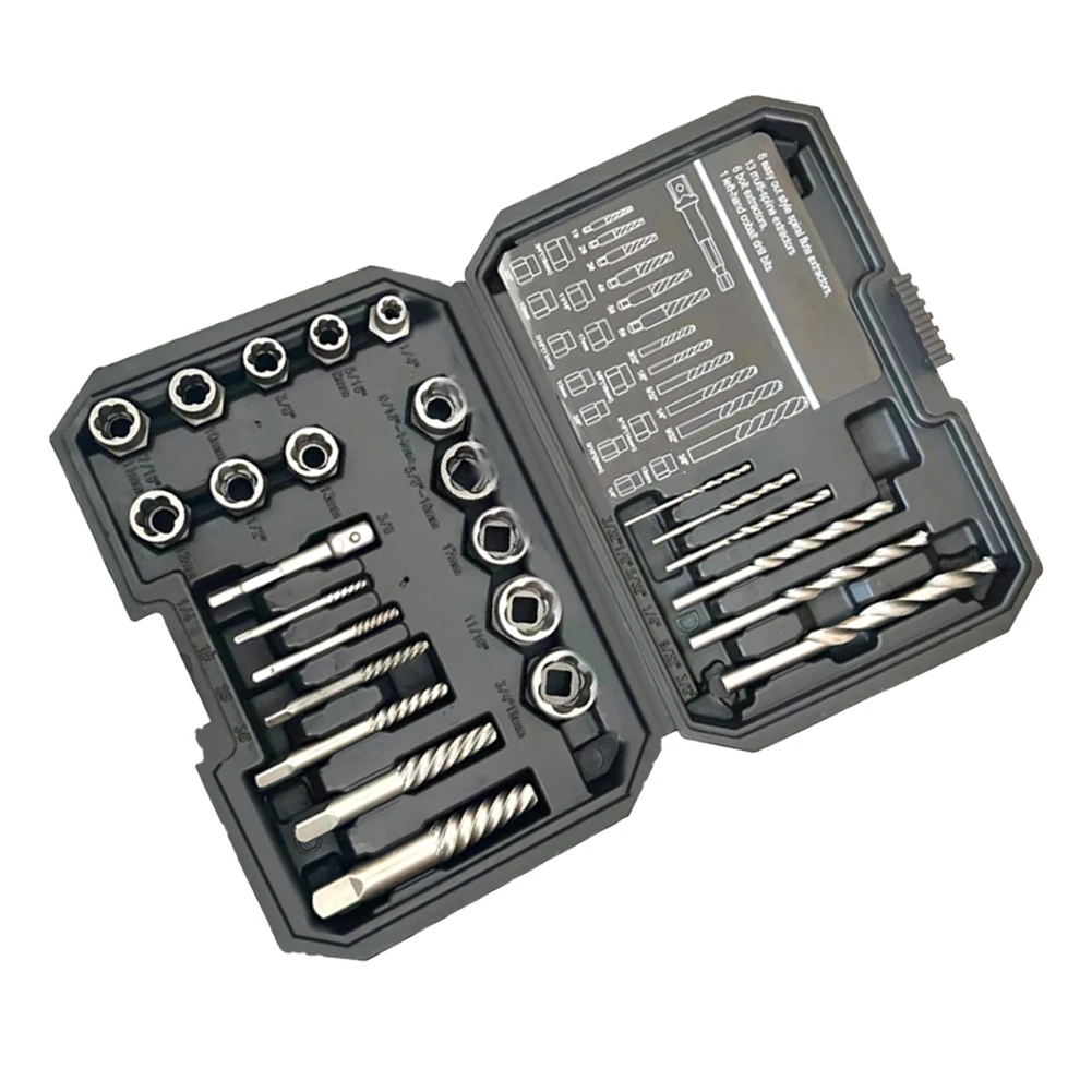 26Pcs Bolts Extractor With Hex Adapter Broken Nut Extractor Screw Remover Right Hand HSS Drill Bits Power Tool Accessories
26Pcs Bolts Extractor With Hex Adapter Broken Nut Extractor Screw Remover Right Hand HSS Drill Bits Power Tool Accessories