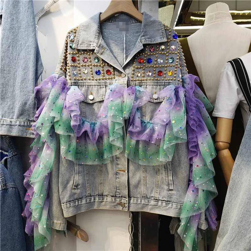 Женская джинсовая куртка Harajuku, Короткая свободная винтажная куртка из разноцветной сетчатой ткани с бисером
Женская джинсовая куртка Harajuku, Короткая свободная винтажная куртка из разноцветной сетчатой ткани с бисером