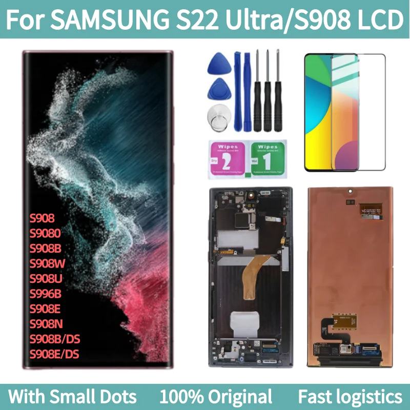 

6,8 "оригинальный AMOLED ЖК-дисплей для Samsung Galaxy S22 Ultra 5G дисплей S908 S908B S908U с рамкой сенсорный экран дигитайзер Замена