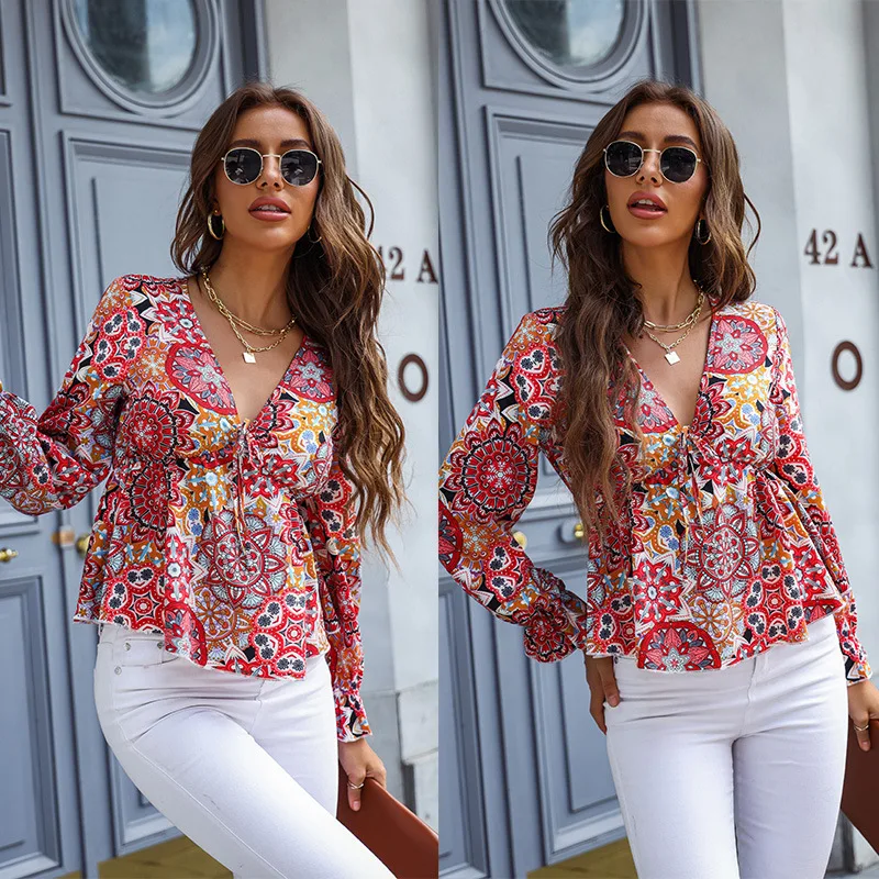 Blouse Women Fashion Print V-neck Long Sleeve Top Women Shirt 
Blouse Women Fashion Print V-neck Long Sleeve Top Women Shirt