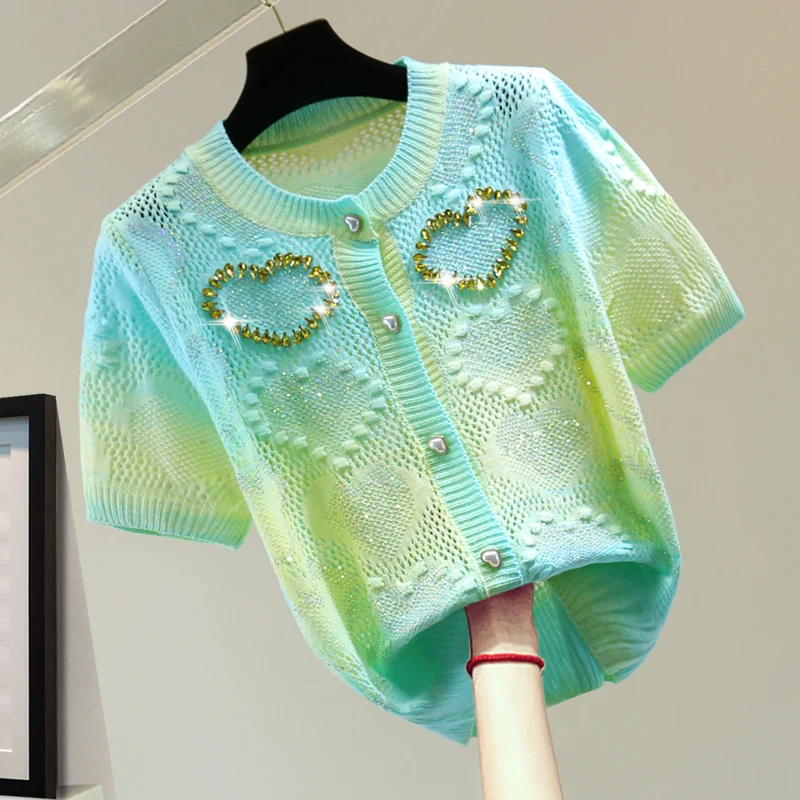 Woman Knitted T-shirt 2023 Summer Gradient Color Hollow Hot Rhinestone Sweater Shirt Women Elastic Knitwear Tshirt Girls T-shirt
Woman Knitted T-shirt 2023 Summer Gradient Color Hollow Hot Rhinestone Sweater Shirt Women Elastic Knitwear Tshirt Girls T-shirt