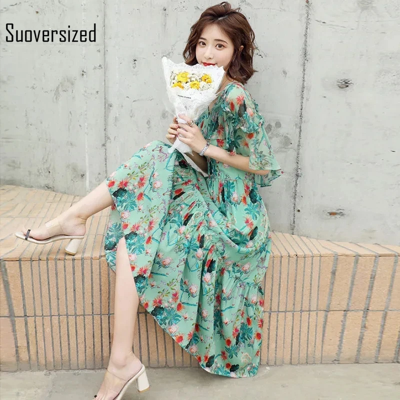 Mid Length Chiffon Print Dress Women Elegant V-neck Batwing Sleeve Slim Waist A-line Dress Slim Waist Vacation Beach Dresses 
Mid Length Chiffon Print Dress Women Elegant V-neck Batwing Sleeve Slim Waist A-line Dress Slim Waist Vacation Beach Dresses