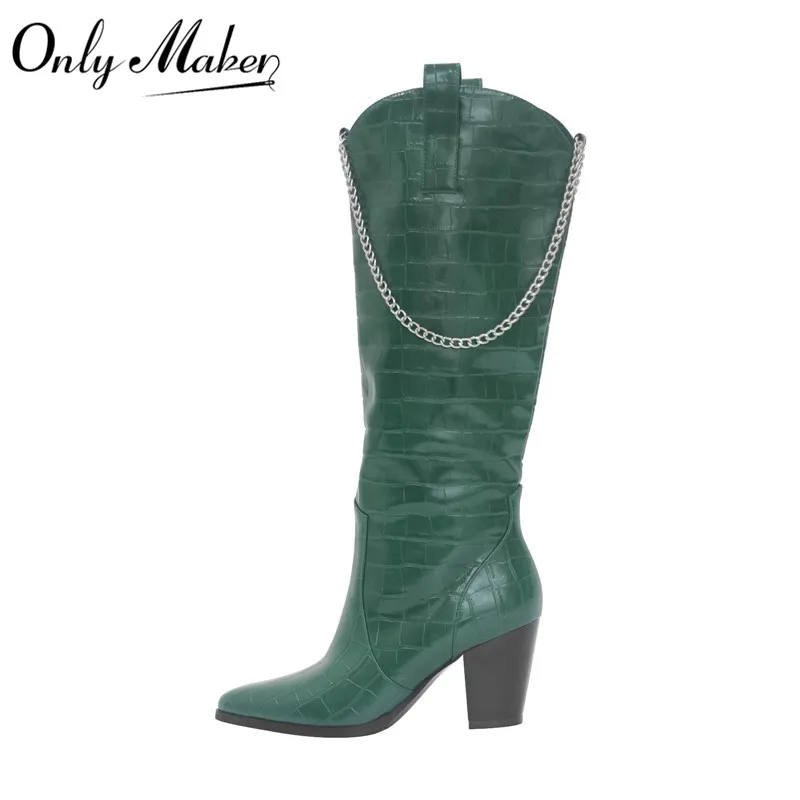 

Onlymaker Women Pointed Toe Green Knee High Boots Western Cowboy Boots Wide Calf Block Heel Pull-On Cowgirl Booties
