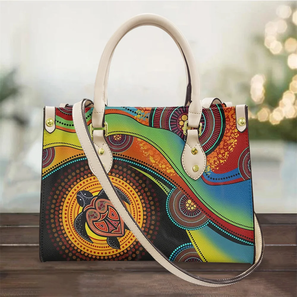 

2023 Stylish PU Leather Top Handle Bags Women Australian Pattern Aboriginal Green Turtle Print Shoulder Handbags Crossbody Purse