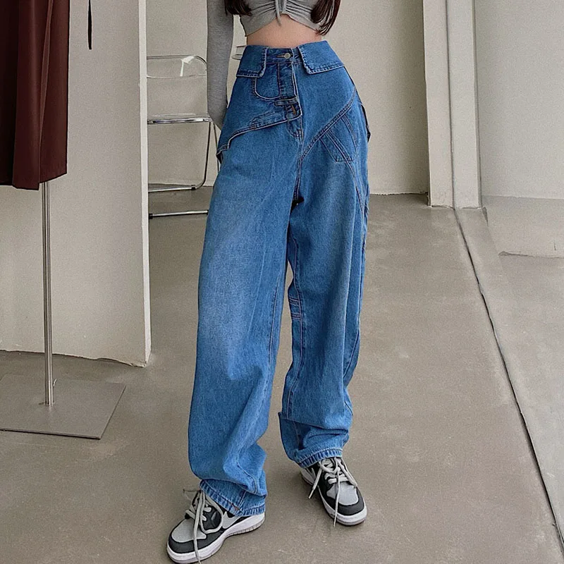 

Fake 2 Pieces Casual Loose Floor Length Wide Leg Jeans Trousers for Women Straight High Waist Female Denim Pants Streetwear WJ3