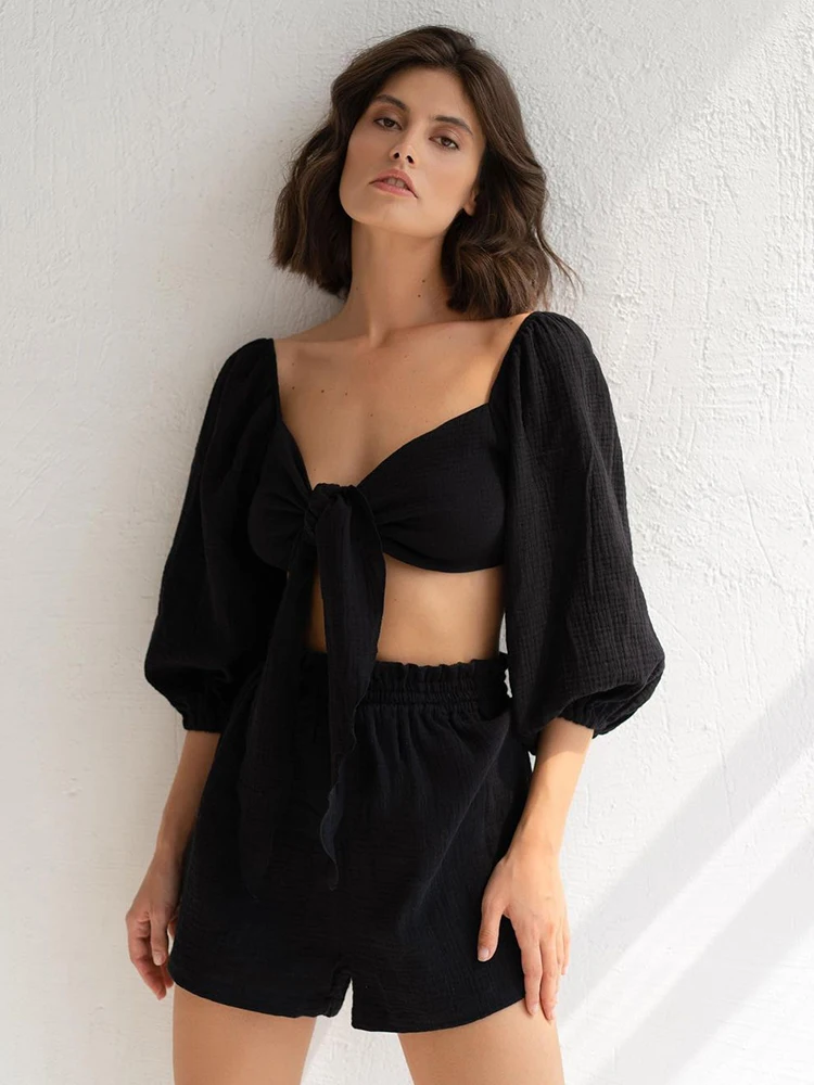 Пикантная Женская Хлопковая пижама Restve, комплект из 2 предметов, укороченный топ с рукавами-фонариками, повседневный костюм, женская пижама ... 
Пикантная Женская Хлопковая пижама Restve, комплект из 2 предметов, укороченный топ с рукавами-фонариками, повседневный костюм, женская пижама ...