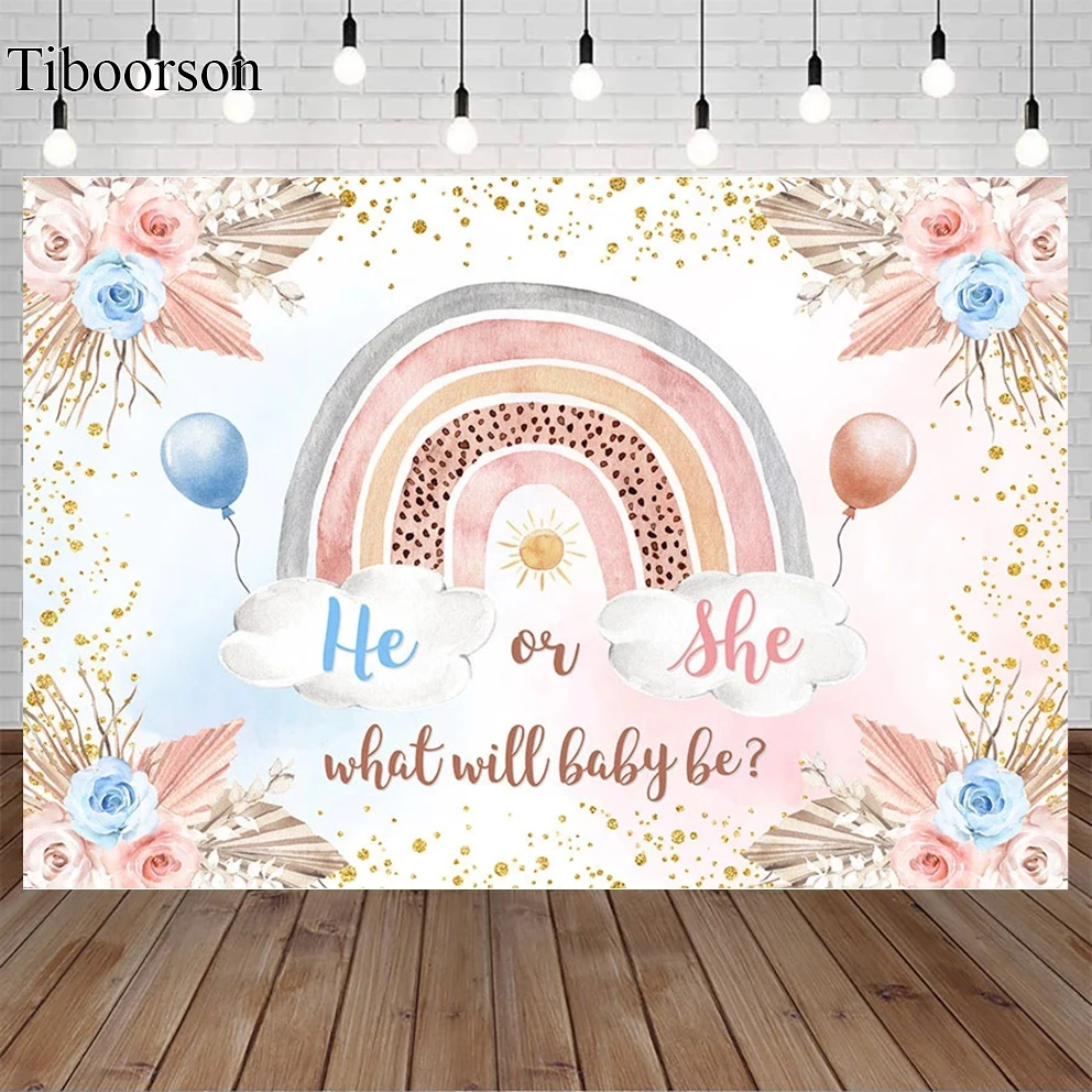 

Bohemia Rainbow Gender Reveal Backdrop for He or She Portrait Balloon Floral Decor Baby Shower Photography Background PhotoBooth