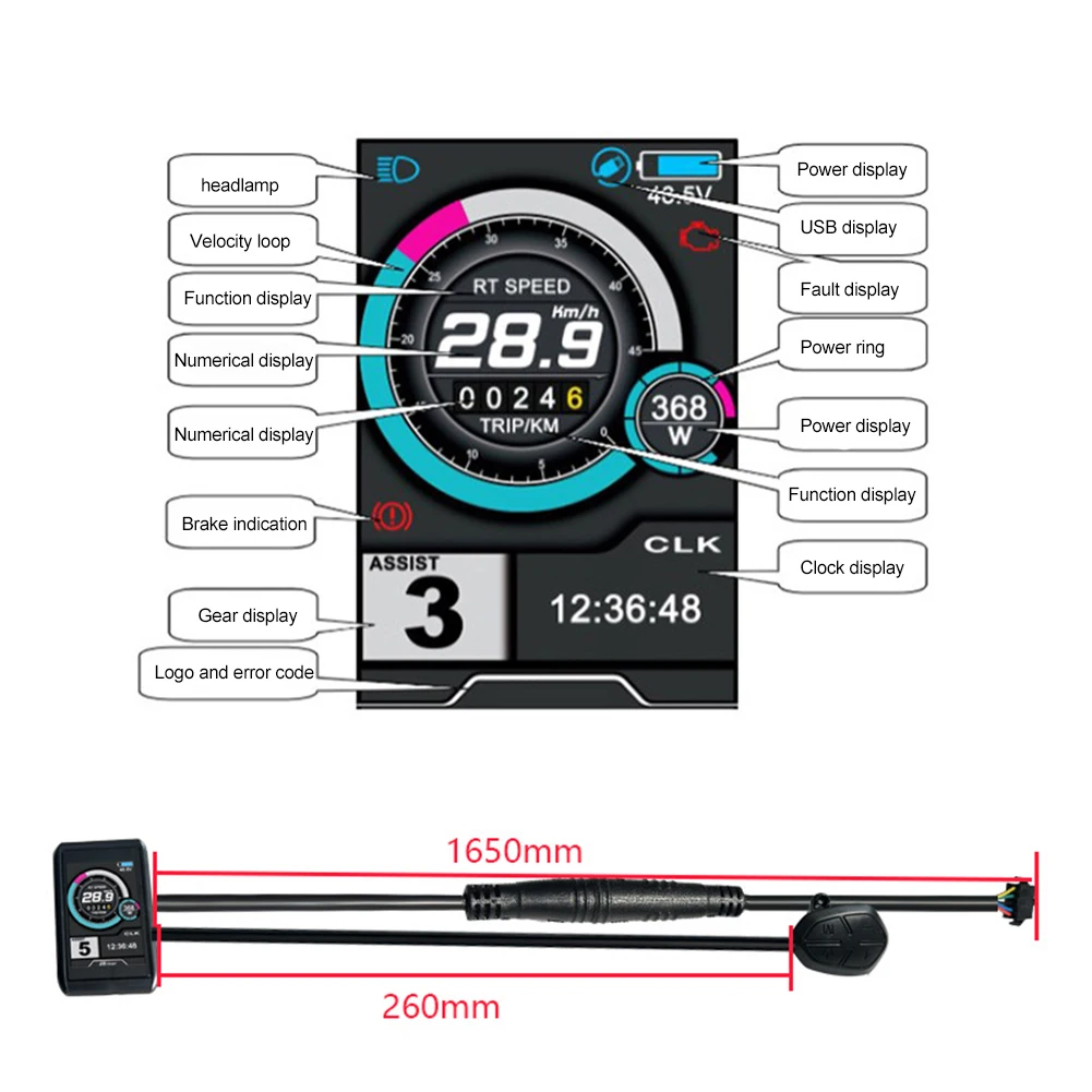 Bike Screen Color Display 3.5 Inch TFT Screen 3/5/9/6 Gears 36V/48V/60V/72V 500mA/5V Built-in Battery OMD No. 2
Bike Screen Color Display 3.5 Inch TFT Screen 3/5/9/6 Gears 36V/48V/60V/72V 500mA/5V Built-in Battery OMD No. 2