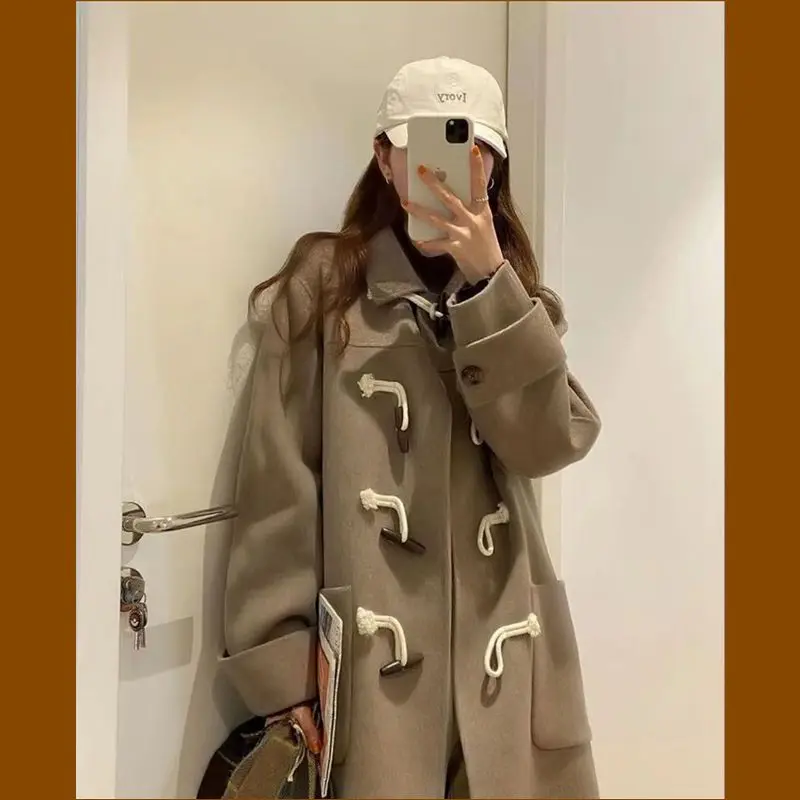 

Preppy Style Woolen Trench Coat for Women Fashion Korean Winter Loose Horn Buckle Mid-Length Windbreakers Jacket Overcoat 2023