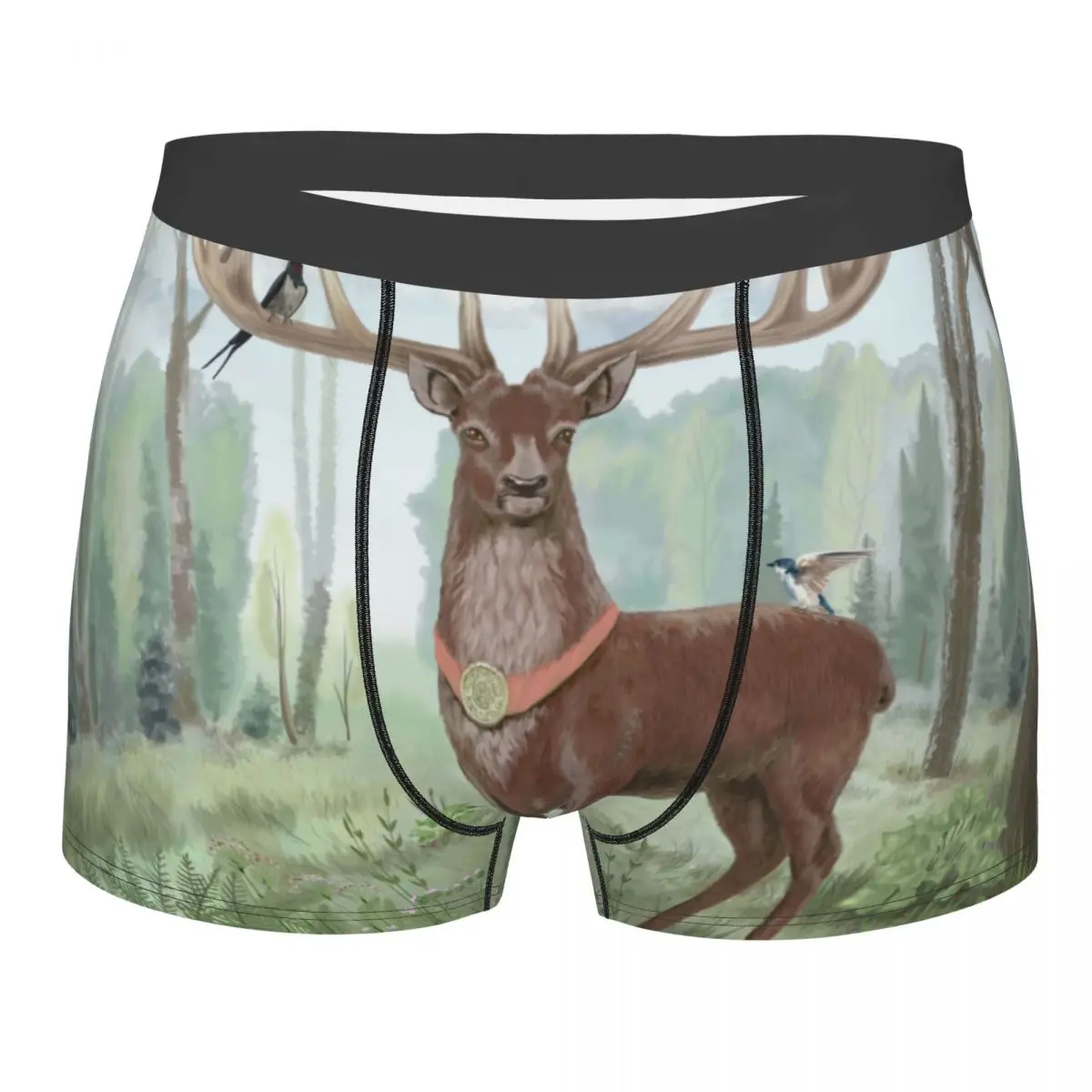 

Men's Panties Watercolor Proud Deer Standing In The Woods With Horns Birds Male Underpants Man Short Boxer Underwear