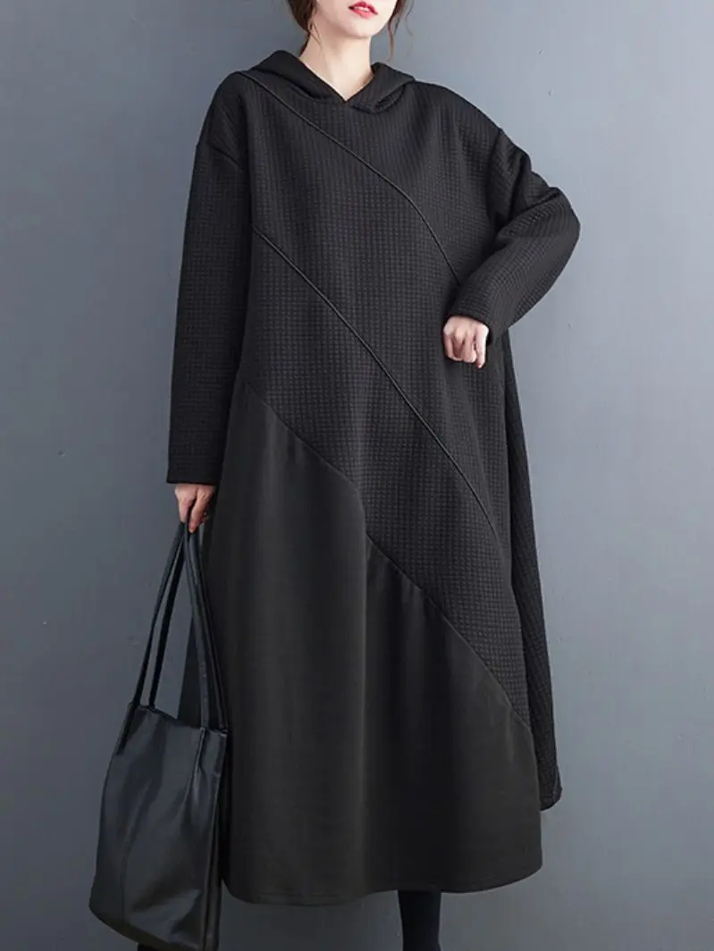 2022 Woman Autumn And Winter Dress Hooded Waffle Stitching Long Sleeves Pullover Oversized Vintage Black A-lin Mid-calf Dress
2022 Woman Autumn And Winter Dress Hooded Waffle Stitching Long Sleeves Pullover Oversized Vintage Black A-lin Mid-calf Dress