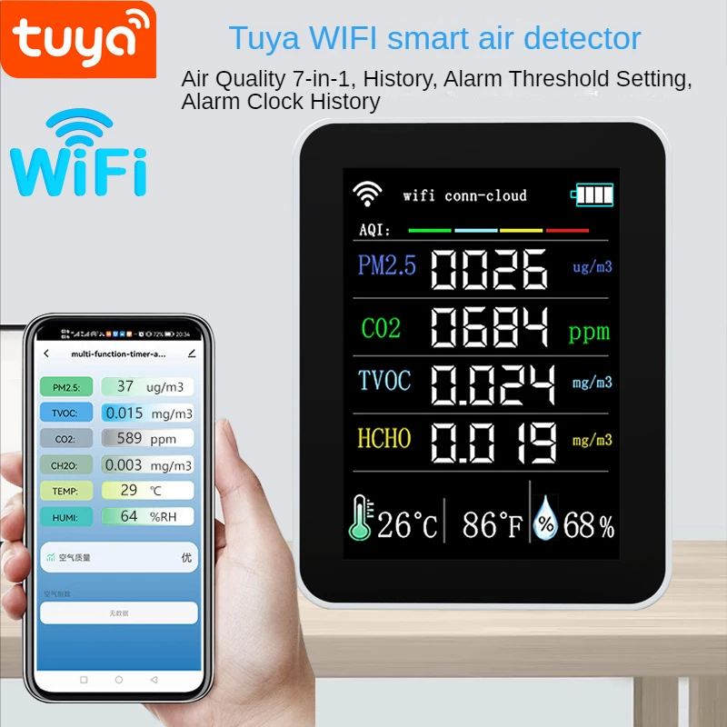 Wi-Fi детектор качества воздуха Tuya 7 в 1, тестер CO2 PM2.5 TVOC CO2 CH2O, дисплей фотоэлементов, датчик CO2, анализатор
Wi-Fi детектор качества воздуха Tuya 7 в 1, тестер CO2 PM2.5 TVOC CO2 CH2O, дисплей фотоэлементов, датчик CO2, анализатор