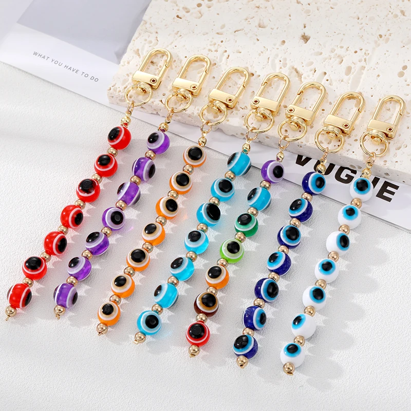 

Boho Rainbow Blue Evil Eye Beads Keychain Key Ring For Friend Lovers Round Turkish Lucky Eye Bag Car Airpods Box Key Accessories