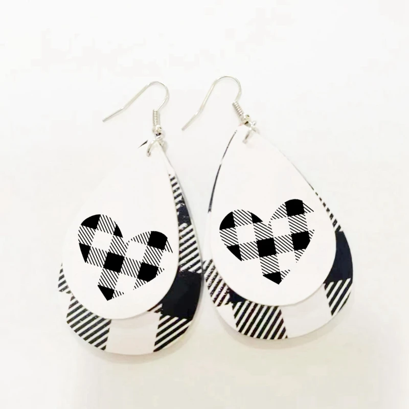 

2023 New Buffalo Plaid Heart Earrings For Valentine's Day Gift Two Layers Faux Leather Love Earrings heart earrings pink