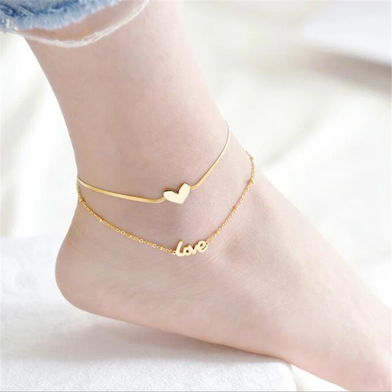 Gold Color Plated Titanium Steel Heart Bohemia Chain Anklets for Women Letter Double Layer Beach Barefoot Sandals Bracelet Ankle 
Gold Color Plated Titanium Steel Heart Bohemia Chain Anklets for Women Letter Double Layer Beach Barefoot Sandals Bracelet Ankle