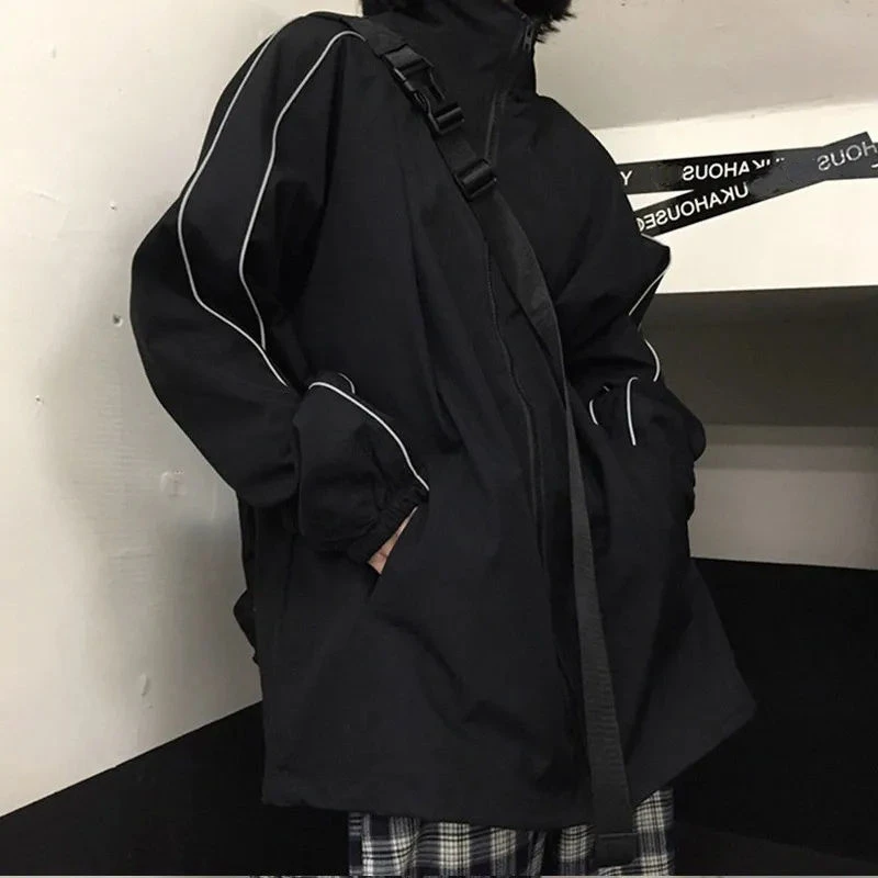 

Куртка Techwear женская в стиле Харадзюку, куртка оверсайз в готическом стиле, в полоску, в стиле пэчворк, на молнии, в стиле хип-хоп, уличная одежда в Корейском стиле 90-х
