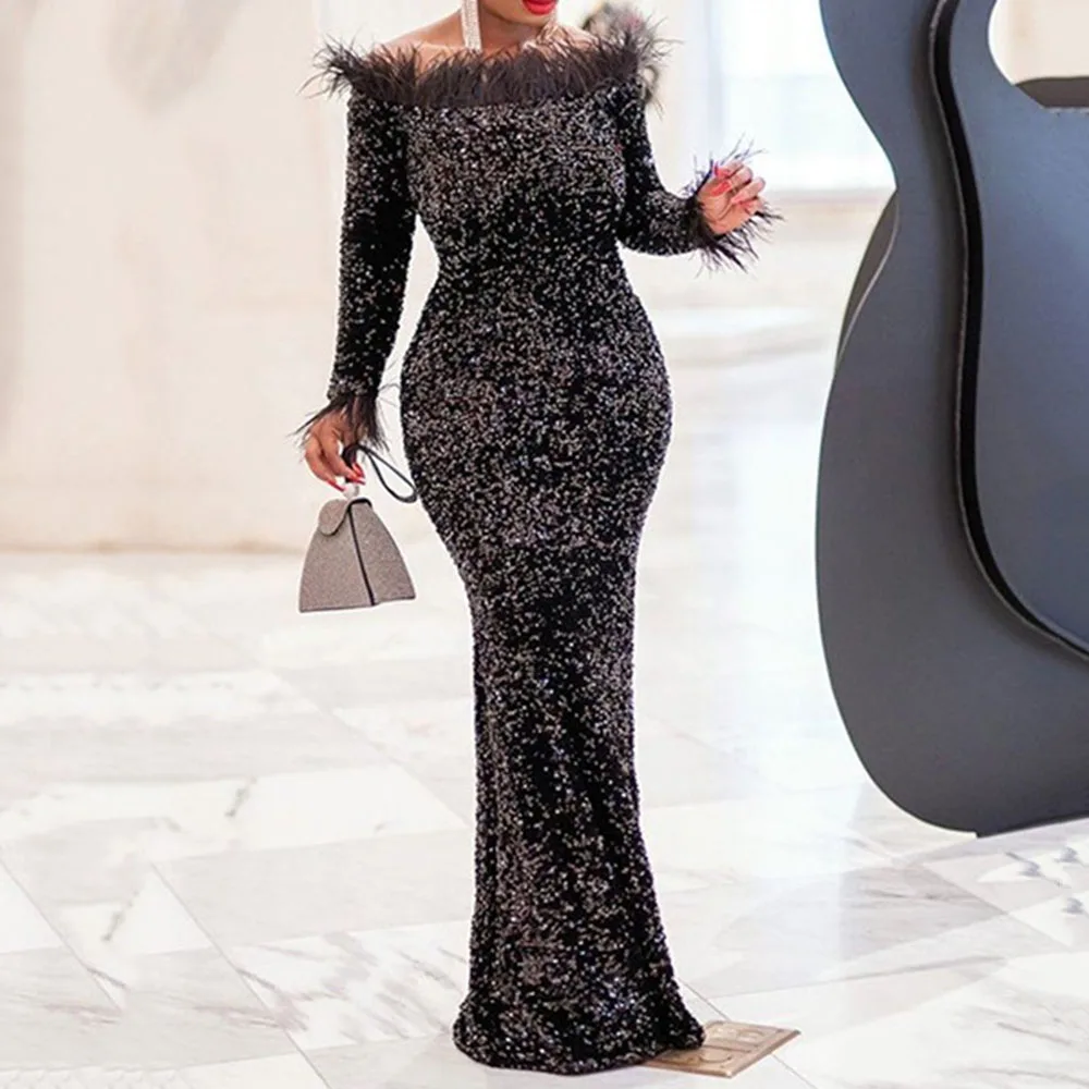 Robe African Maxi Dress Autumn Long Women Party Dresses Sexy Sequinis Slash Neck Feather Elegant Female Dinner Dress Vestiods XL
Robe African Maxi Dress Autumn Long Women Party Dresses Sexy Sequinis Slash Neck Feather Elegant Female Dinner Dress Vestiods XL
