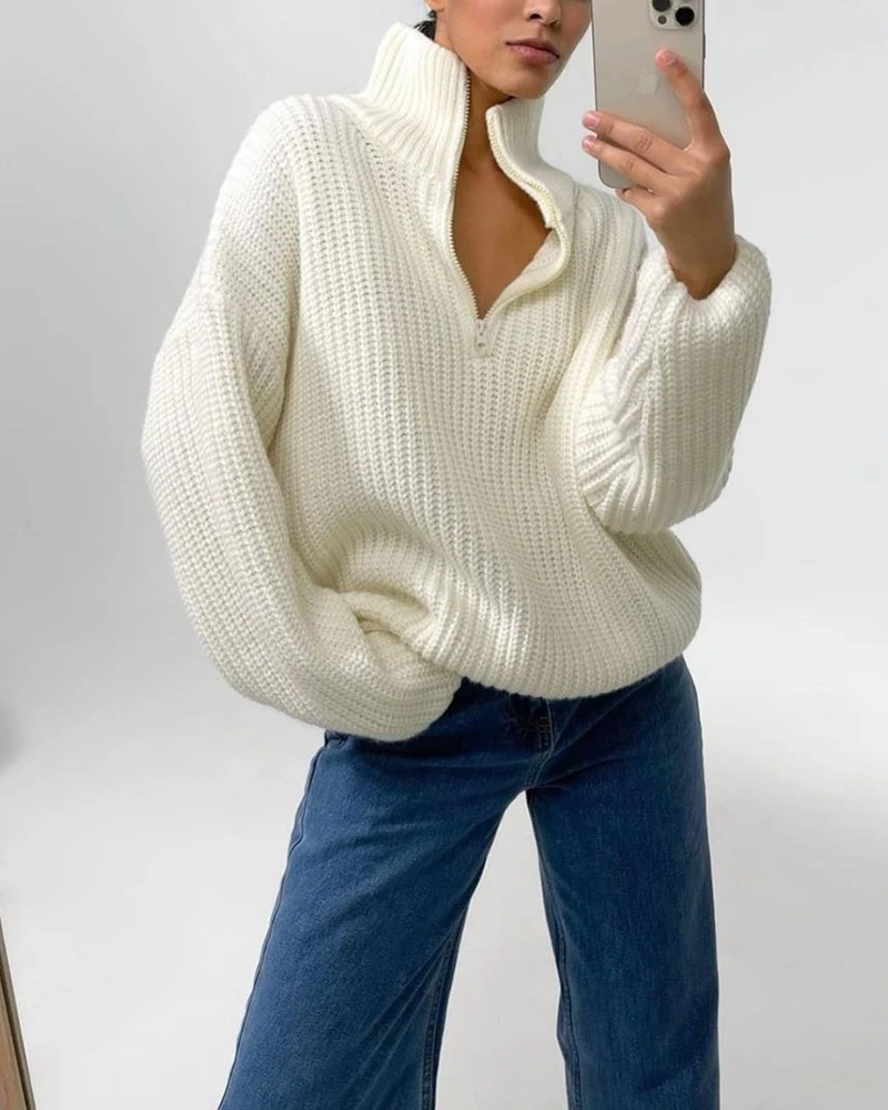 SALEQI Autumn Winter Thickening Knitted Sweater Women Casual Zipper Polo Collar Loose Knitted Pullovers Female White Jumper 2022
SALEQI Autumn Winter Thickening Knitted Sweater Women Casual Zipper Polo Collar Loose Knitted Pullovers Female White Jumper 2022