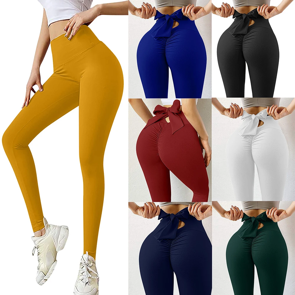 

Sexy Back Tie Hollow Bowknot Leggings Solid Color Yoga Pants For Women Gym Fitness Workout Hip Lifting Sportswear Scrunch Butt