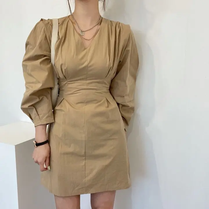 COIGARSAM Elegant Dresses Women Puff Sleeve High Waist V-Neck Light Khaki Deep Drill Dress Dropshipping
COIGARSAM Elegant Dresses Women Puff Sleeve High Waist V-Neck Light Khaki Deep Drill Dress Dropshipping