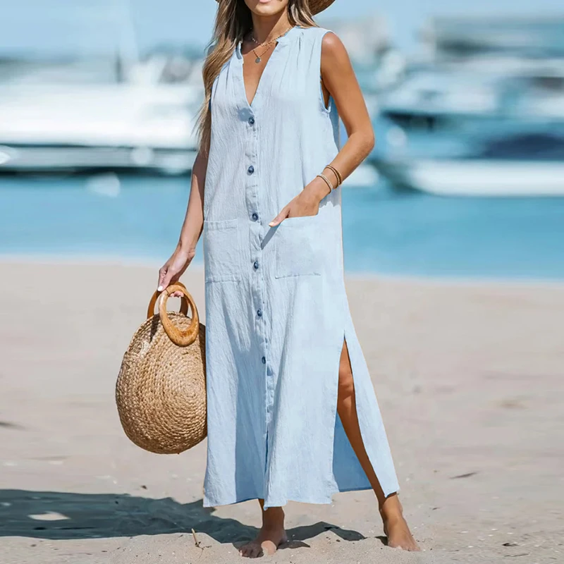 Office Loose Dresses Summer Casual V-neck Sleeveless Vest Long Dress 2023 Women Cotton Linen Single Breasted Pocket Beach Dress
Office Loose Dresses Summer Casual V-neck Sleeveless Vest Long Dress 2023 Women Cotton Linen Single Breasted Pocket Beach Dress