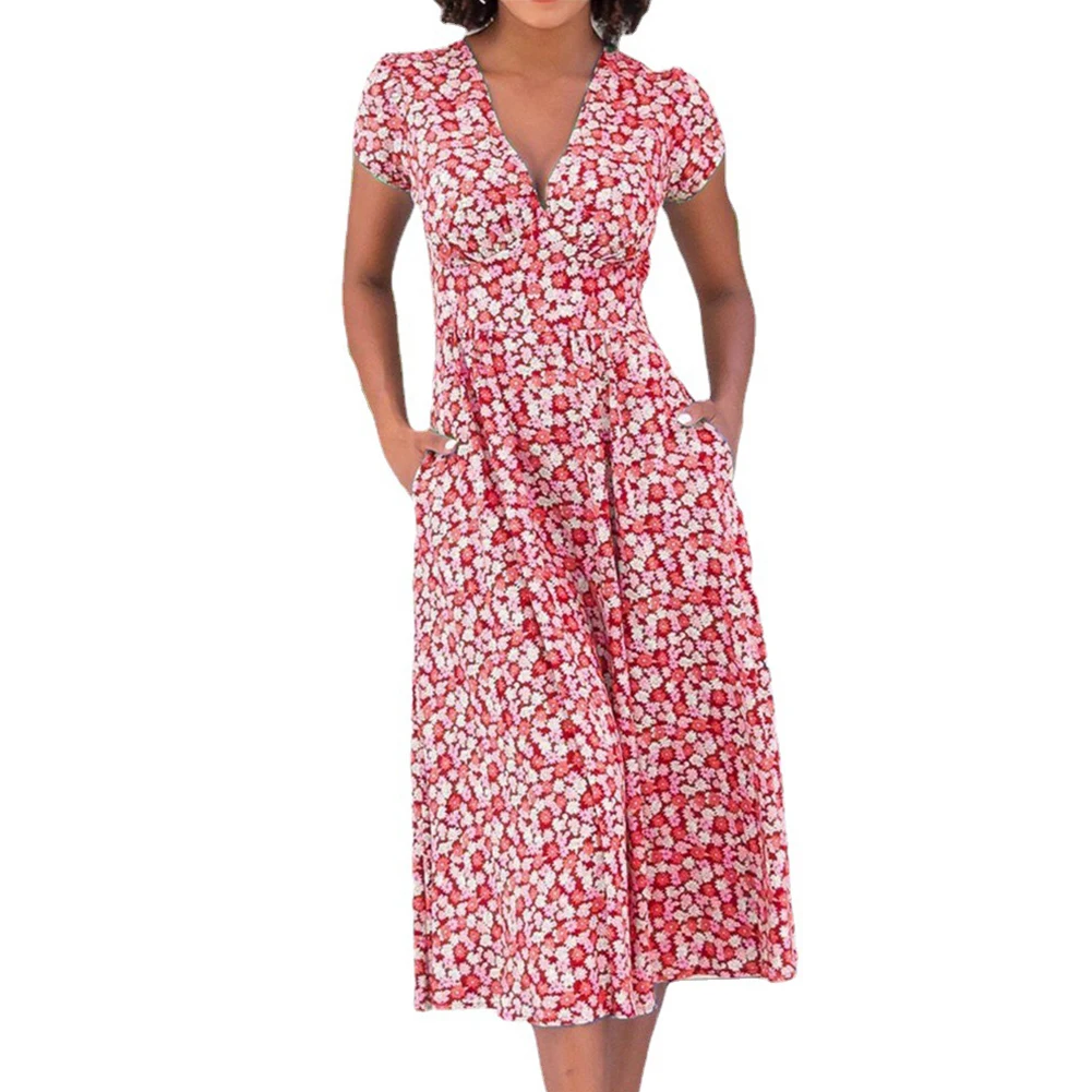 Women Summer Boho Floral Print Cross V Neck Dress Short Sleeved Pocket Bohemian Maxi Dresses Vacation Beach Vestidos Robe
Women Summer Boho Floral Print Cross V Neck Dress Short Sleeved Pocket Bohemian Maxi Dresses Vacation Beach Vestidos Robe