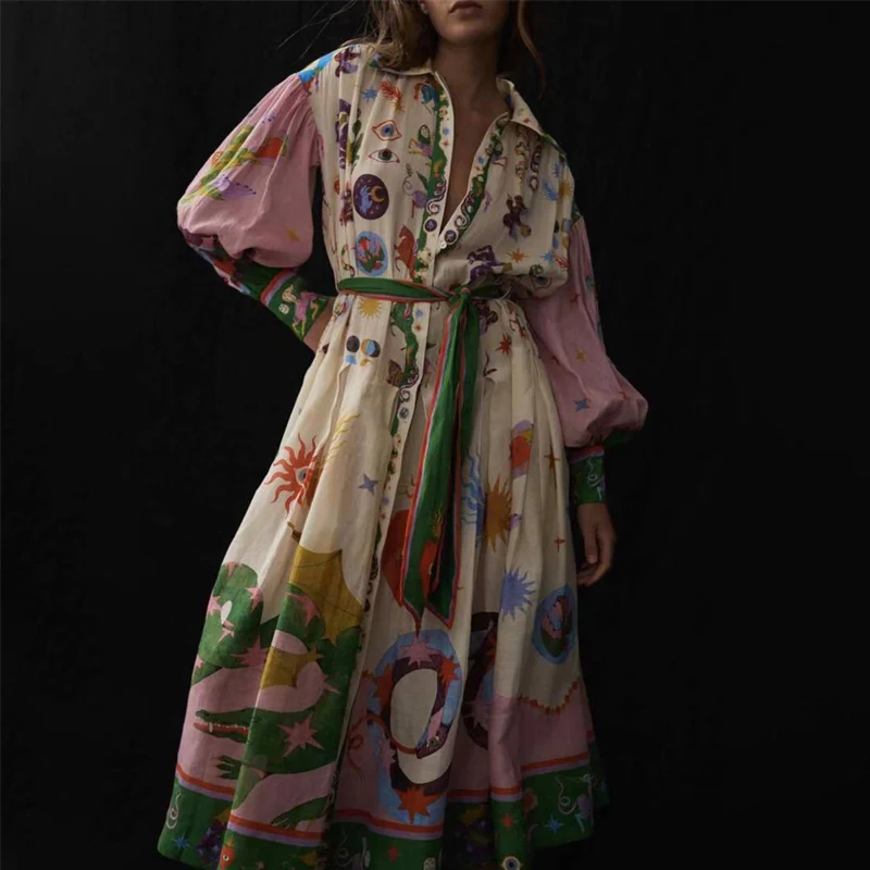 Australian Trendy Retro Bohemian Lapel Shirt Dress Elegant Lantern Sleeve Long Dress Women Graffiti Print Lace-up Beach Dresses 
Australian Trendy Retro Bohemian Lapel Shirt Dress Elegant Lantern Sleeve Long Dress Women Graffiti Print Lace-up Beach Dresses