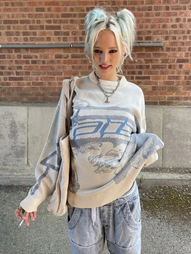 

Женский винтажный джемпер в уличном стиле, повседневный трикотажный свитер с геометрическим узором и круглым вырезом в стиле Харадзюку, Осень-зима 2023