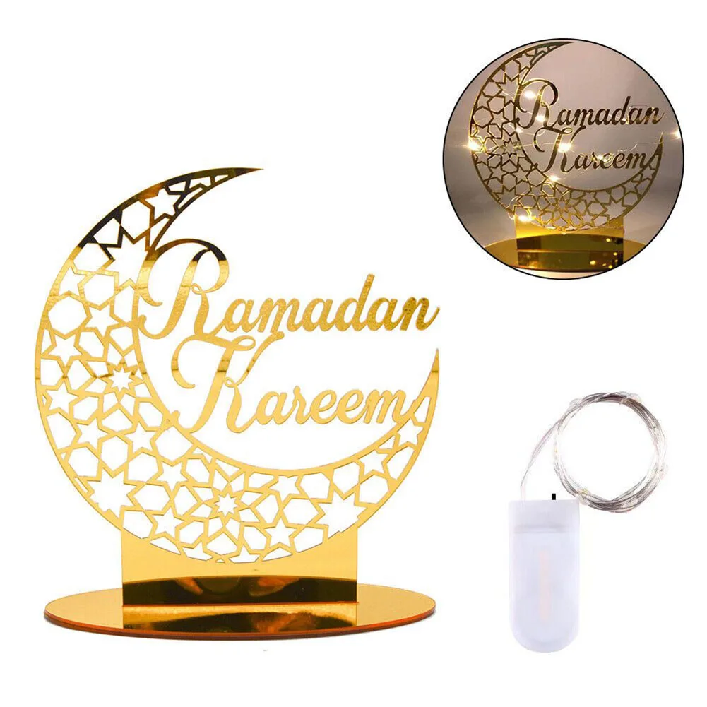 Ramadan Moon Acrylic Table Ornament Eid Mubarak DIY Decoration With LED String Lights For Home Kareem Islamic Muslim Party Decor
Ramadan Moon Acrylic Table Ornament Eid Mubarak DIY Decoration With LED String Lights For Home Kareem Islamic Muslim Party Decor
