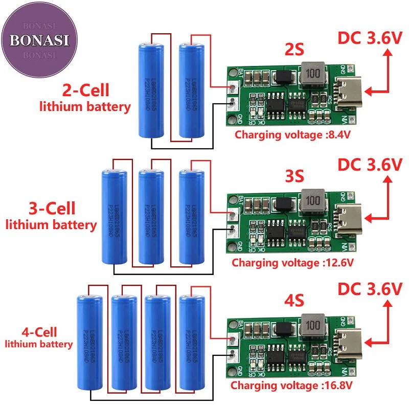 

Multi-Cell 2S 3S 4S Type-C To 8.4V 12.6V 16.8V Step-Up Boost LiPo Polymer Li-Ion Charger 18650 Lithium Battery 7.4V 11.1V 14.8V