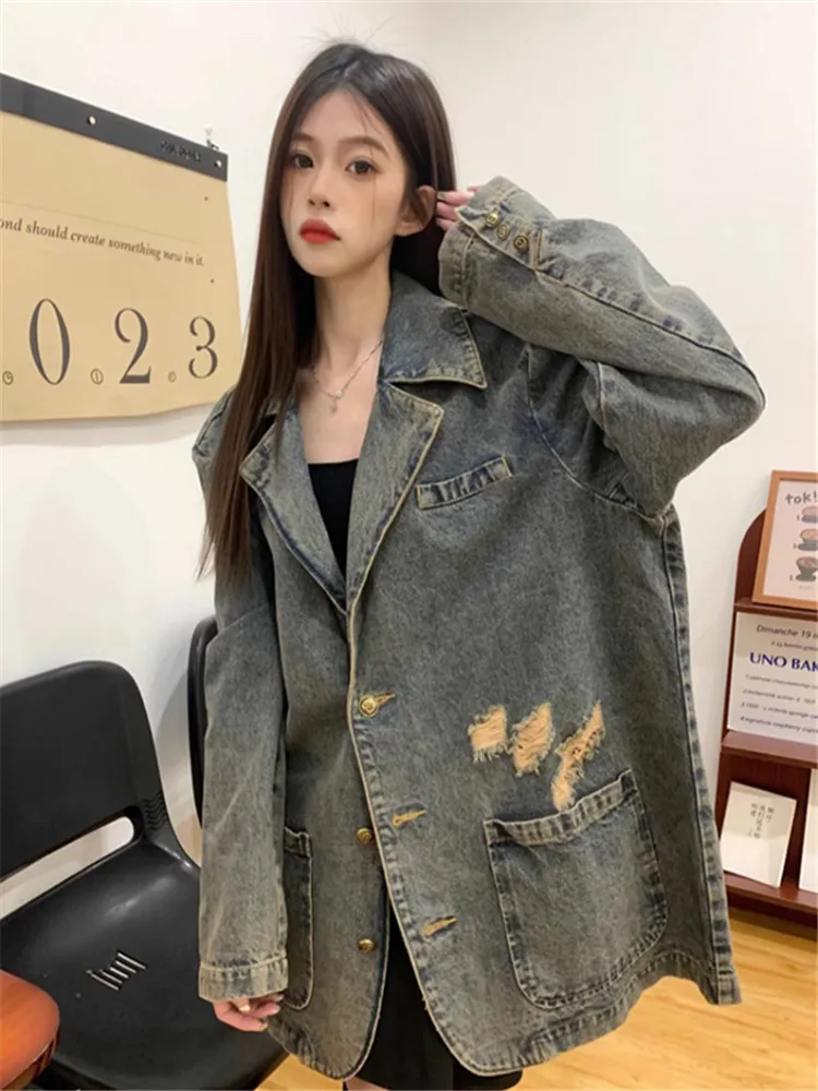

2023 Spring Lazy Chic Vintage Loose-Fit Denim Jacket With Distressed Wash And Ripped Details Long Sleeve Cowboy Coats Chaquetas