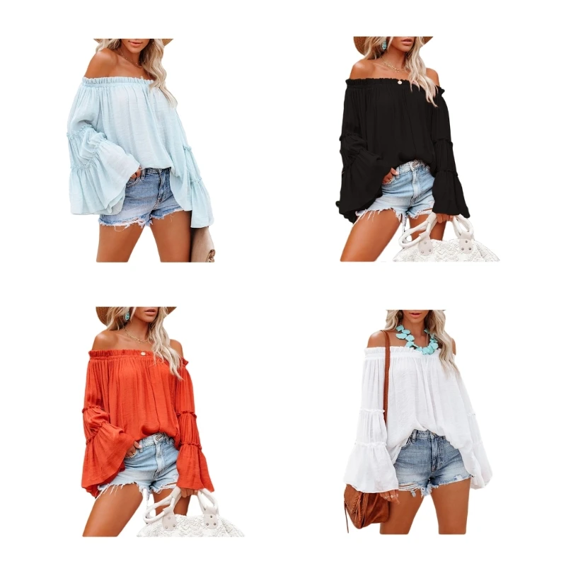Womens Off The Shoulder Tops Summer Flared Bell Sleeve Ruched Bust Blouses Solid Color Loose Fit T-Shirt
Womens Off The Shoulder Tops Summer Flared Bell Sleeve Ruched Bust Blouses Solid Color Loose Fit T-Shirt