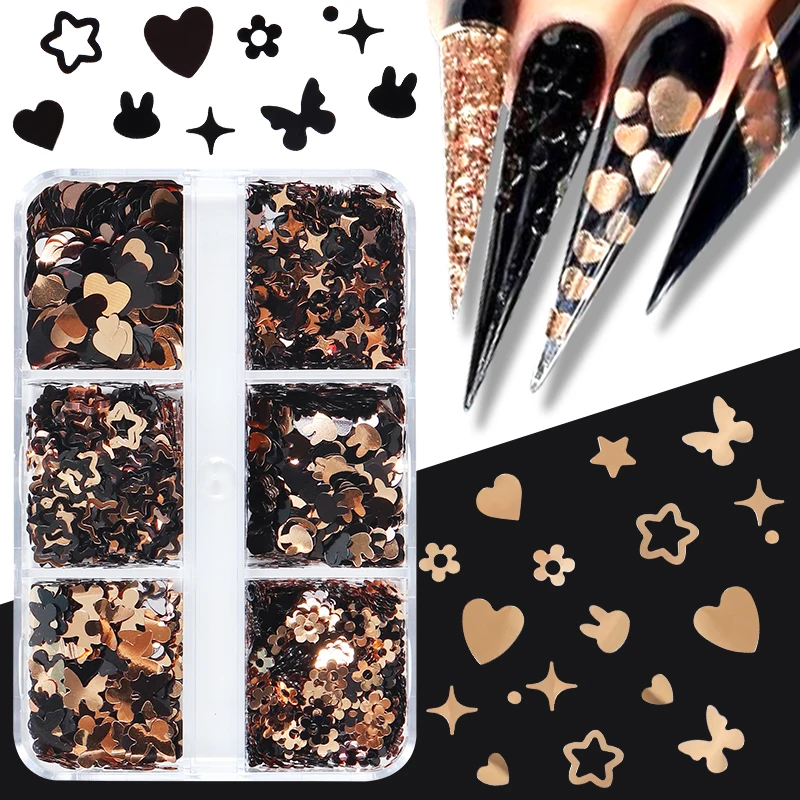 6 Grids Black Gold Butterfly Nail Glitter Sequins Mixed Flower Star Shape Flakes Parts DIY Kawaii Nail Decorations Accessories
6 Grids Black Gold Butterfly Nail Glitter Sequins Mixed Flower Star Shape Flakes Parts DIY Kawaii Nail Decorations Accessories