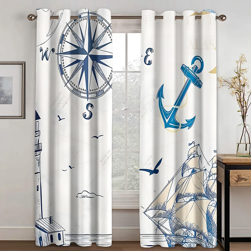 

Cheap Blue Mediterranean Sailing Anchor Vintage Map Thin Window Curtains for Living Room Bedroom Decor 2 Pieces Free Shipping