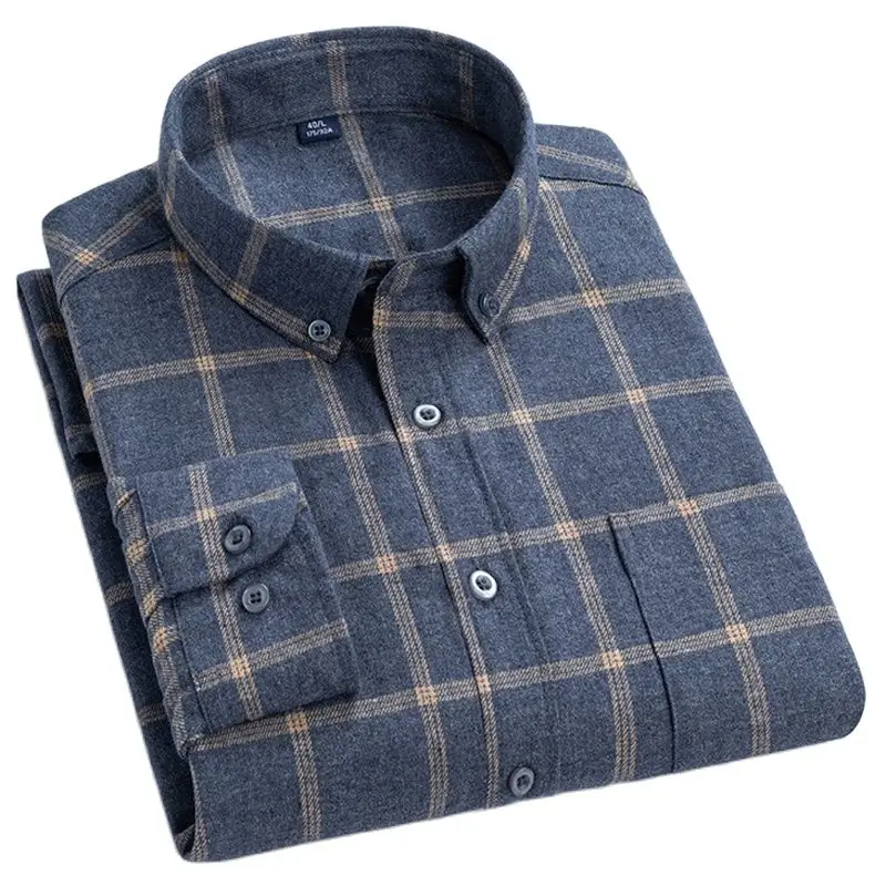 

Men's Fashion Brushed Flannel Plaid Button-down Shirts Single Patch Pocket Long Sleeve Standard-fit Thick Gingham Casual Shirt